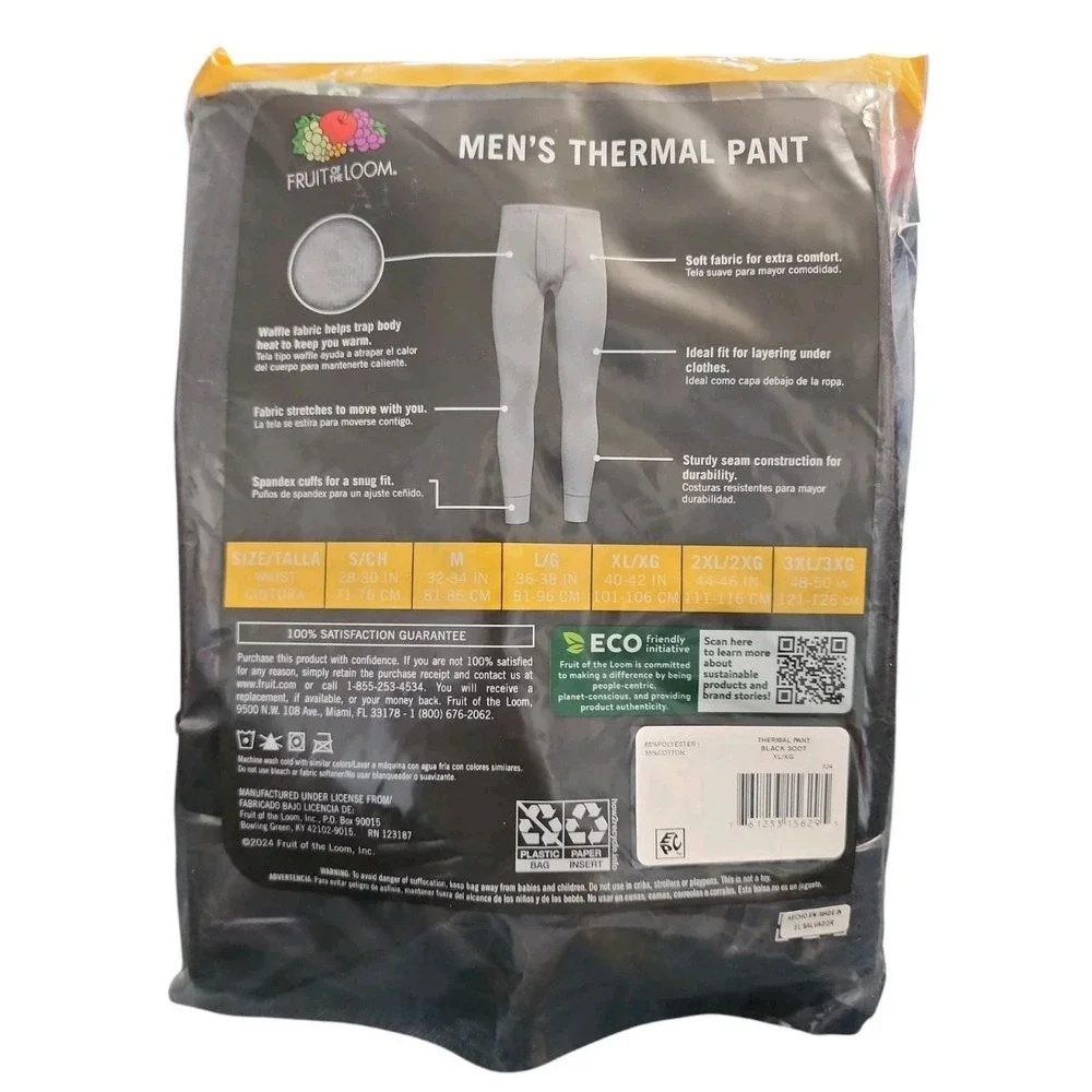 Fruit of the Loom Thermal Men's XL Black Underwear‎ Bottom Pants Long Johns